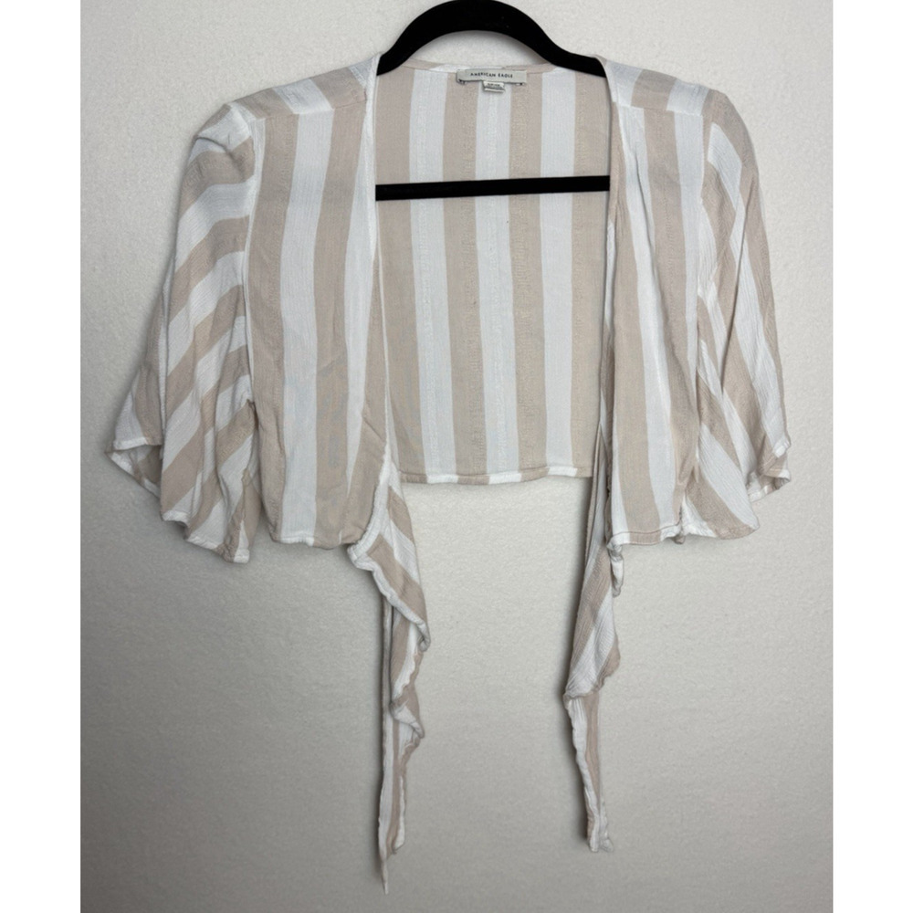 American Eagle Cream Striped Tie Crop Top Bell Sleeves Size S Lightweight